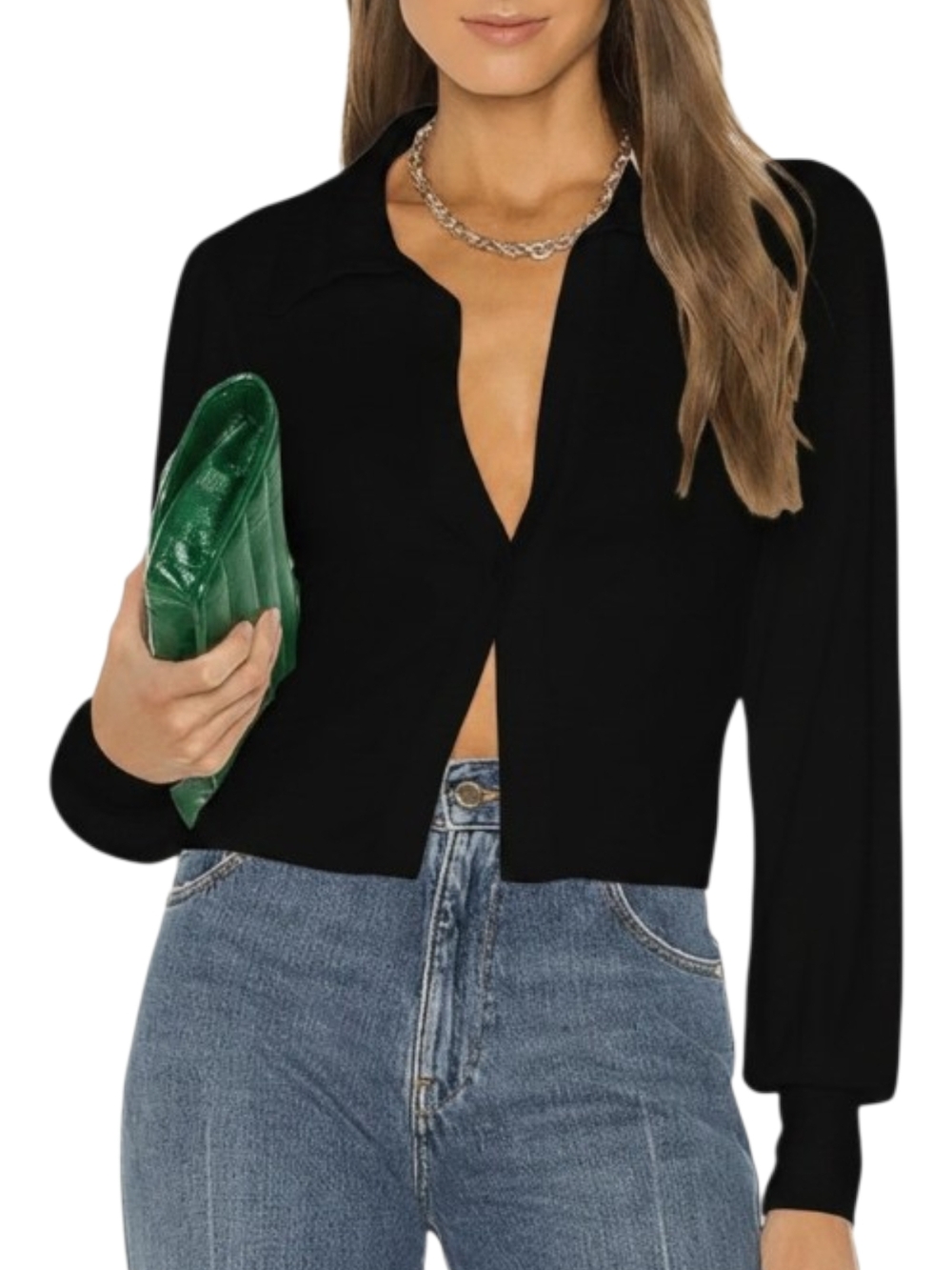AFRM Black Long-Sleeve Collared Crop Top